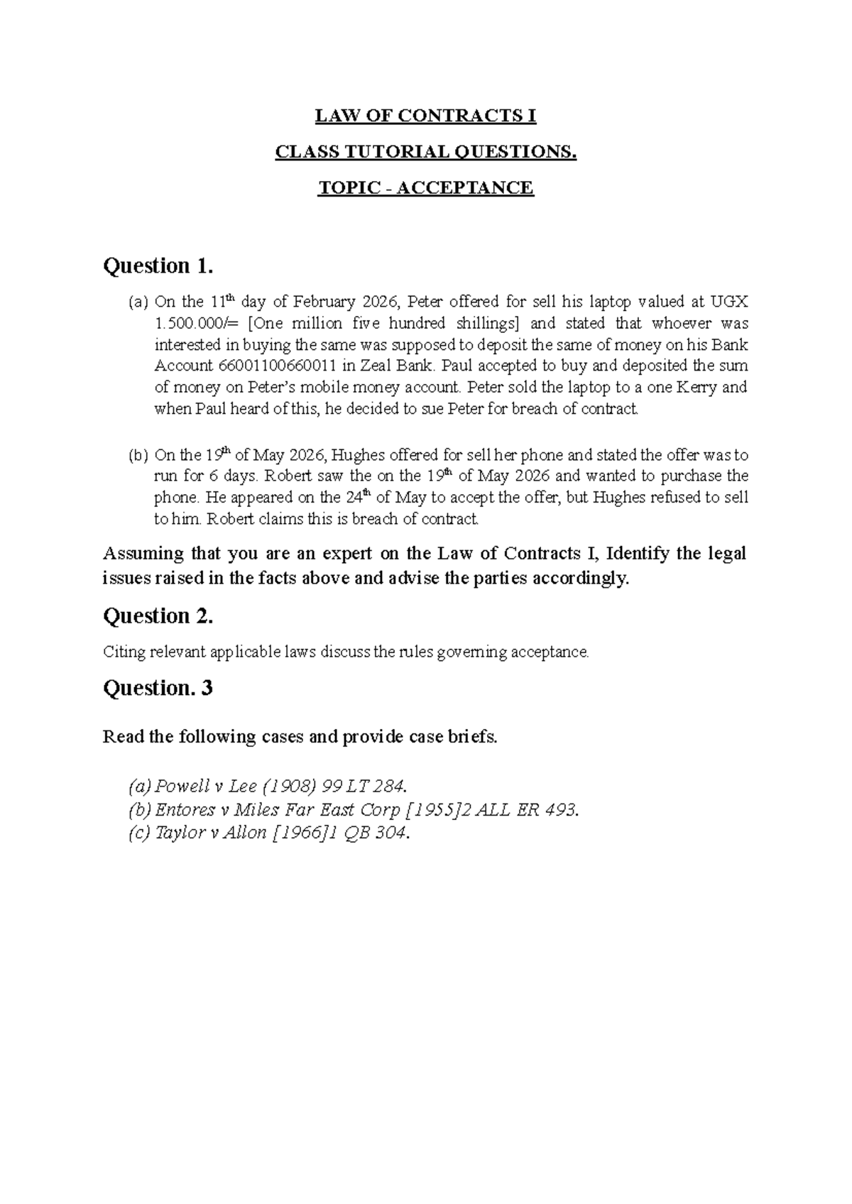 LAW OF CONTRACTS I: TUTORIAL QUESTIONS ON ACCEPTANCE - Studocu