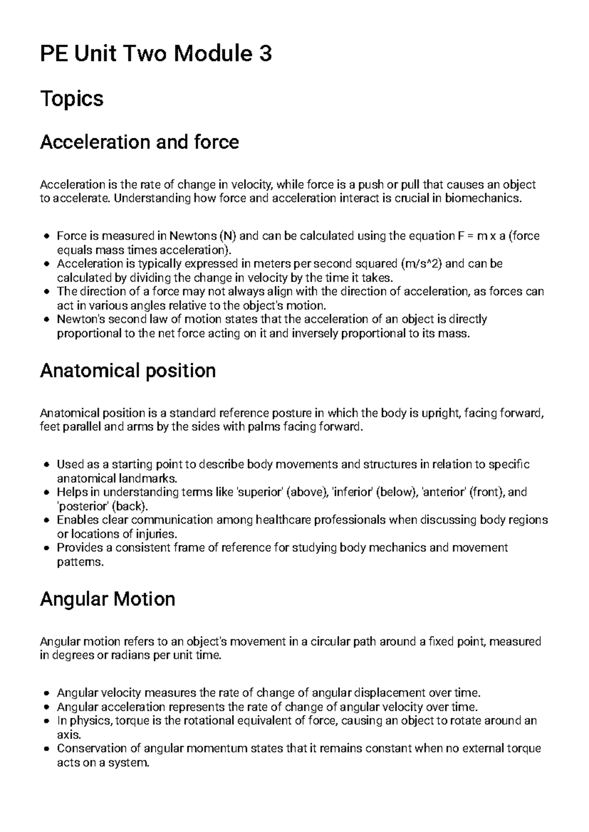 PE Unit Two Module 3 Study Guide: Force, Acceleration, and Biomechanics ...
