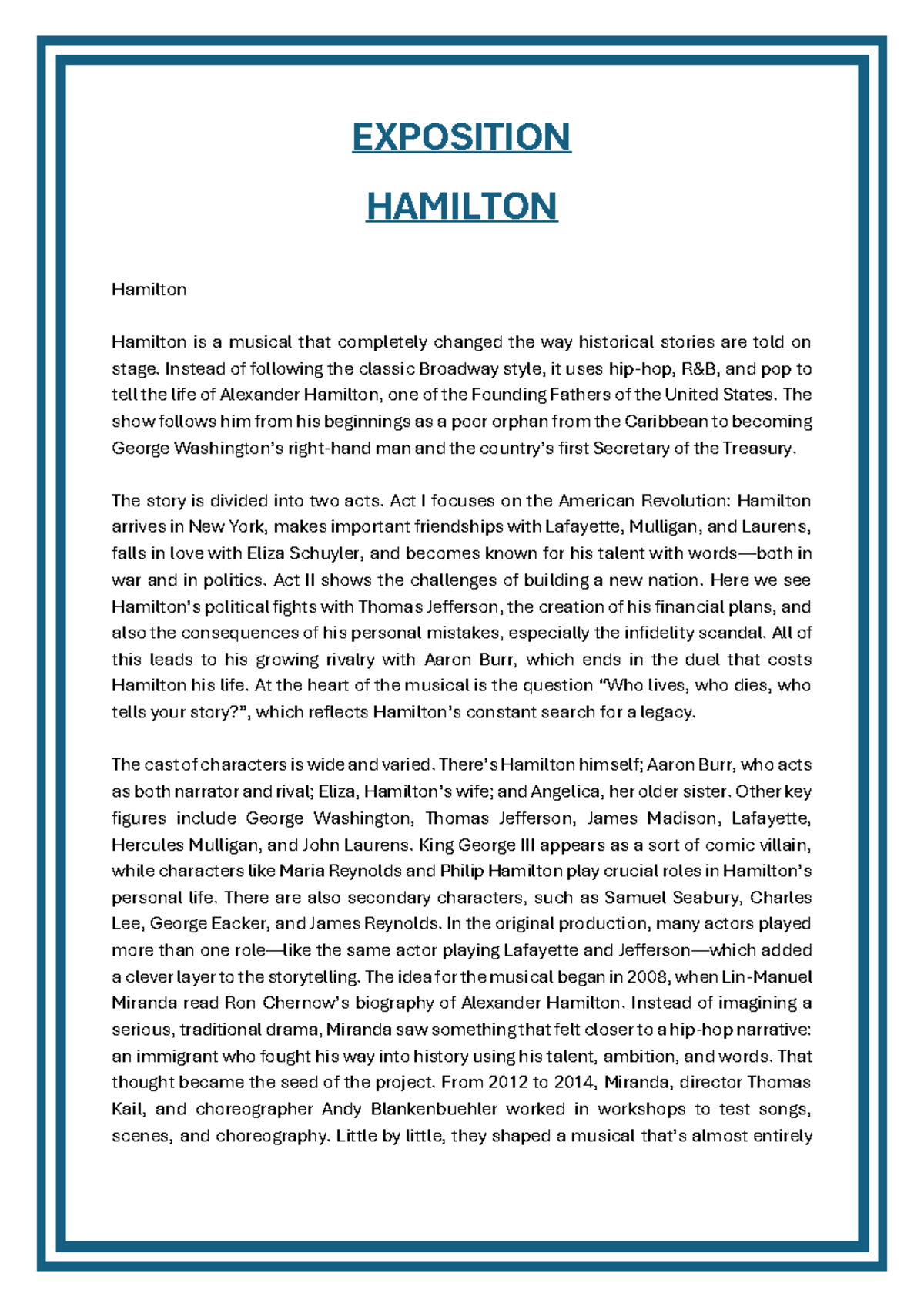 Hamilton: The Origins and Legacy of a Revolutionary Musical - Studocu