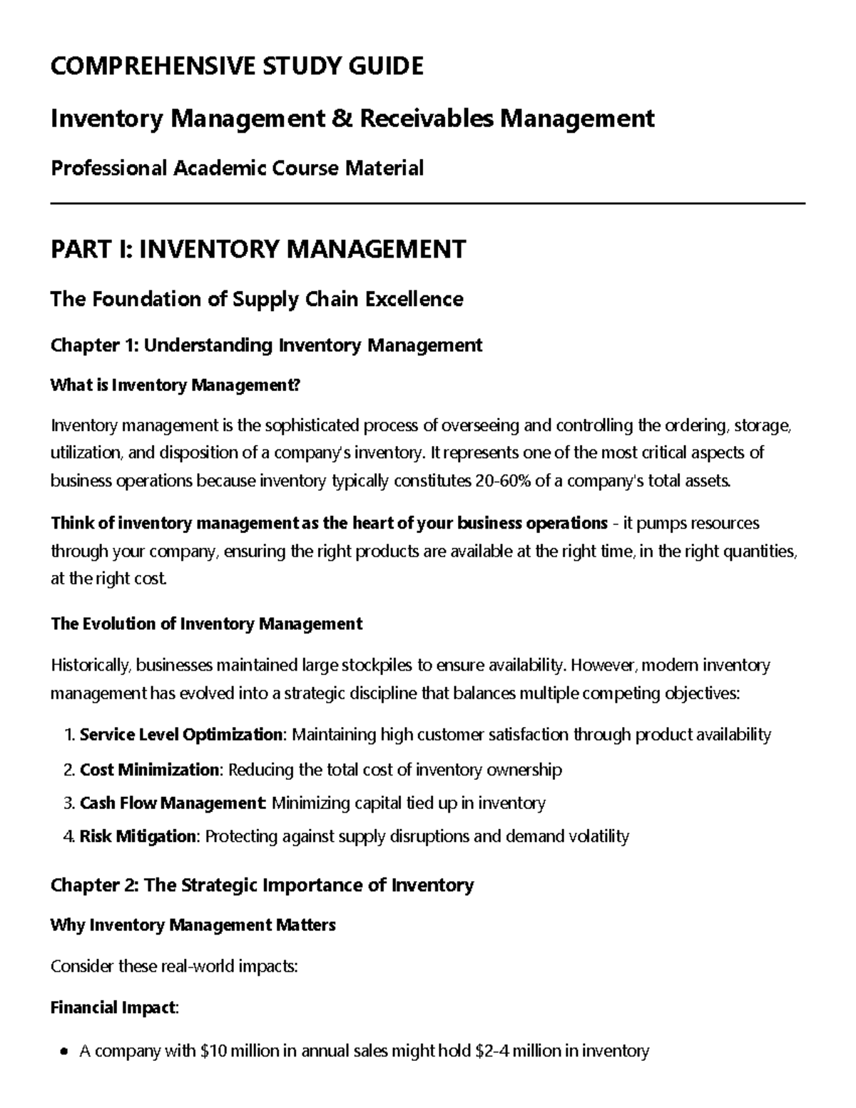 COMPREHENSIVE STUDY GUIDE: Inventory & Receivables Management (Course ...