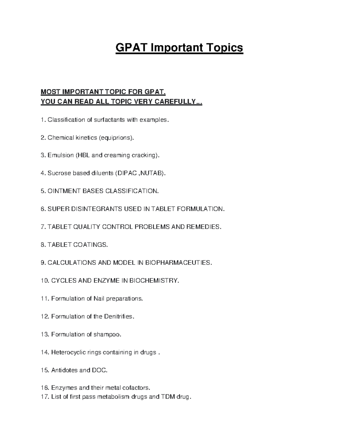 GPAT Important Topics: Key Areas for Exam Prep and Review - Studocu
