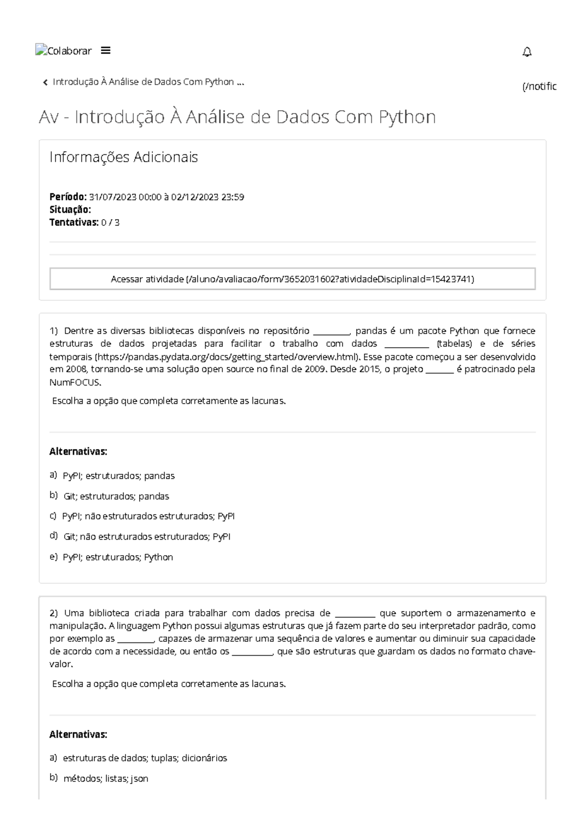 Av - Introdução à Análise de Dados Com Python: Estruturas e Técnicas ...