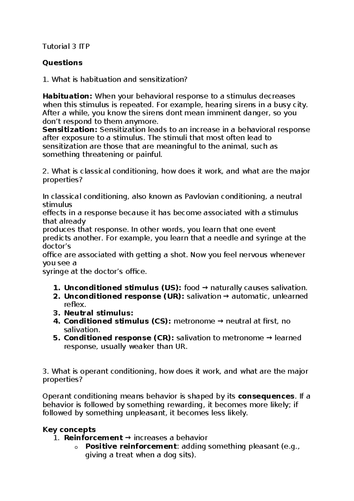 Tutorial 3 ITP: Habituation, Conditioning, and Memory Concepts ...
