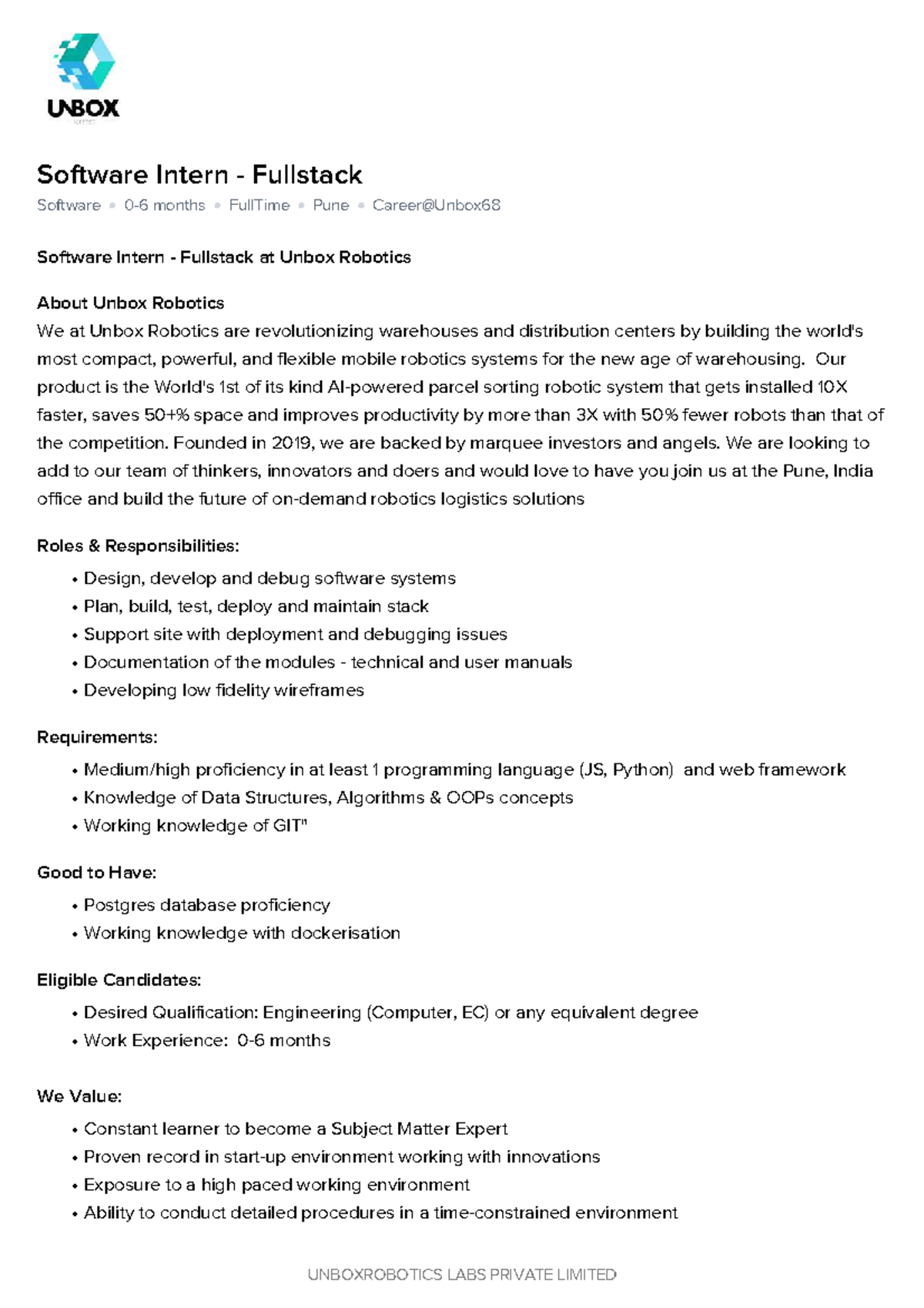 Software Intern Fullstack Job Description - Unbox Robotics, Pune - Studocu