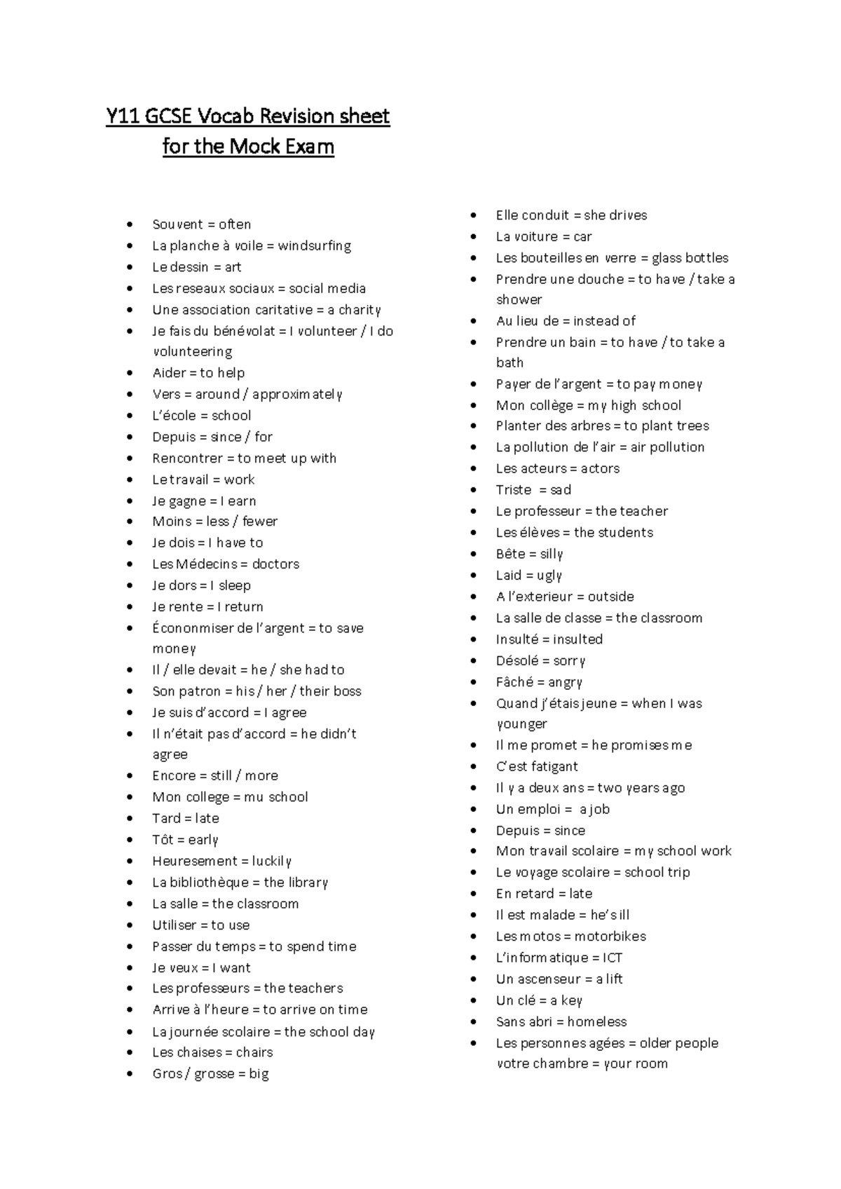 Y11 GCSE Vocab Revision Sheet for the Mock Exam Preparation - Studocu