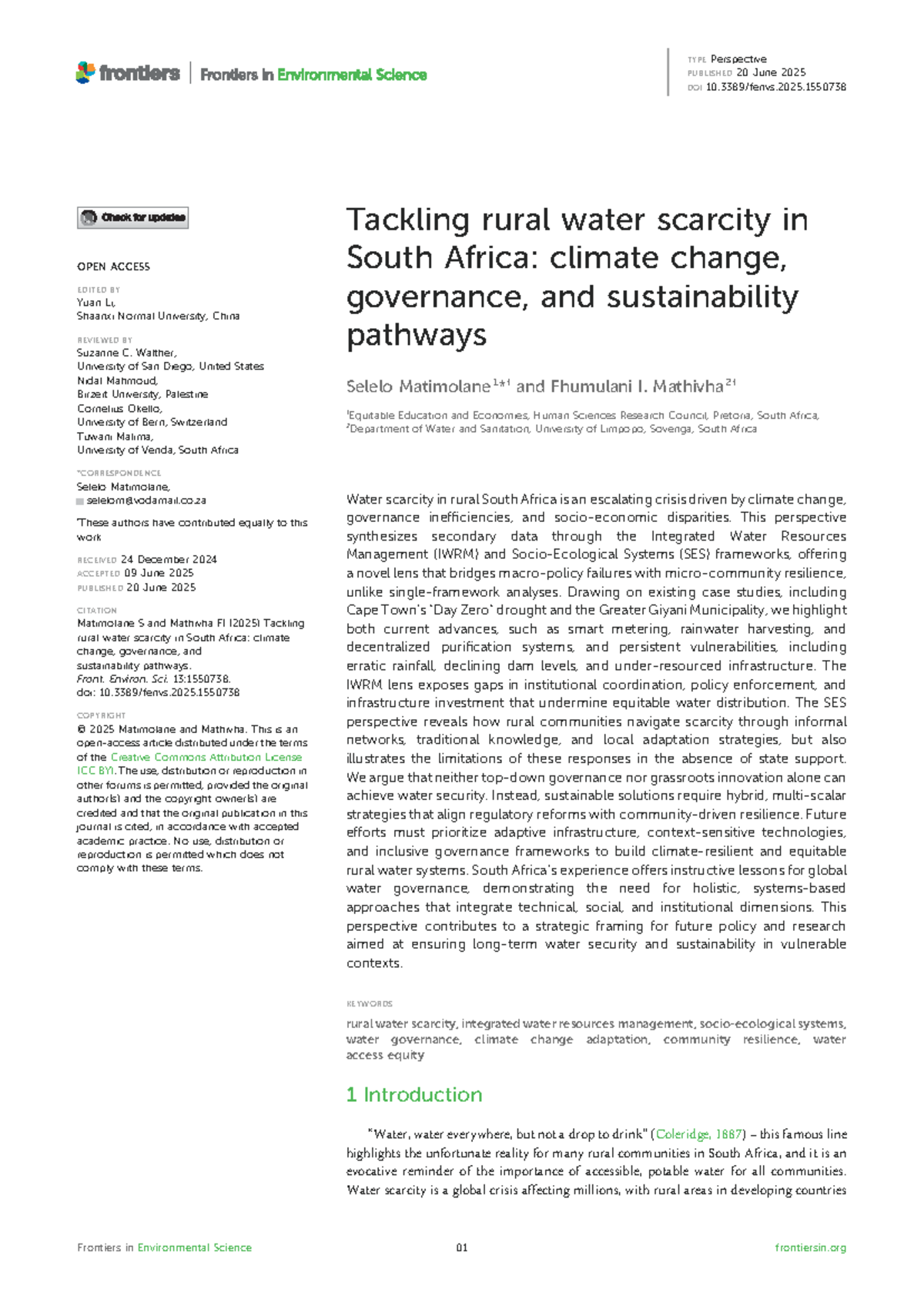 FENV 13: Tackling Rural Water Scarcity in South Africa - Climate ...