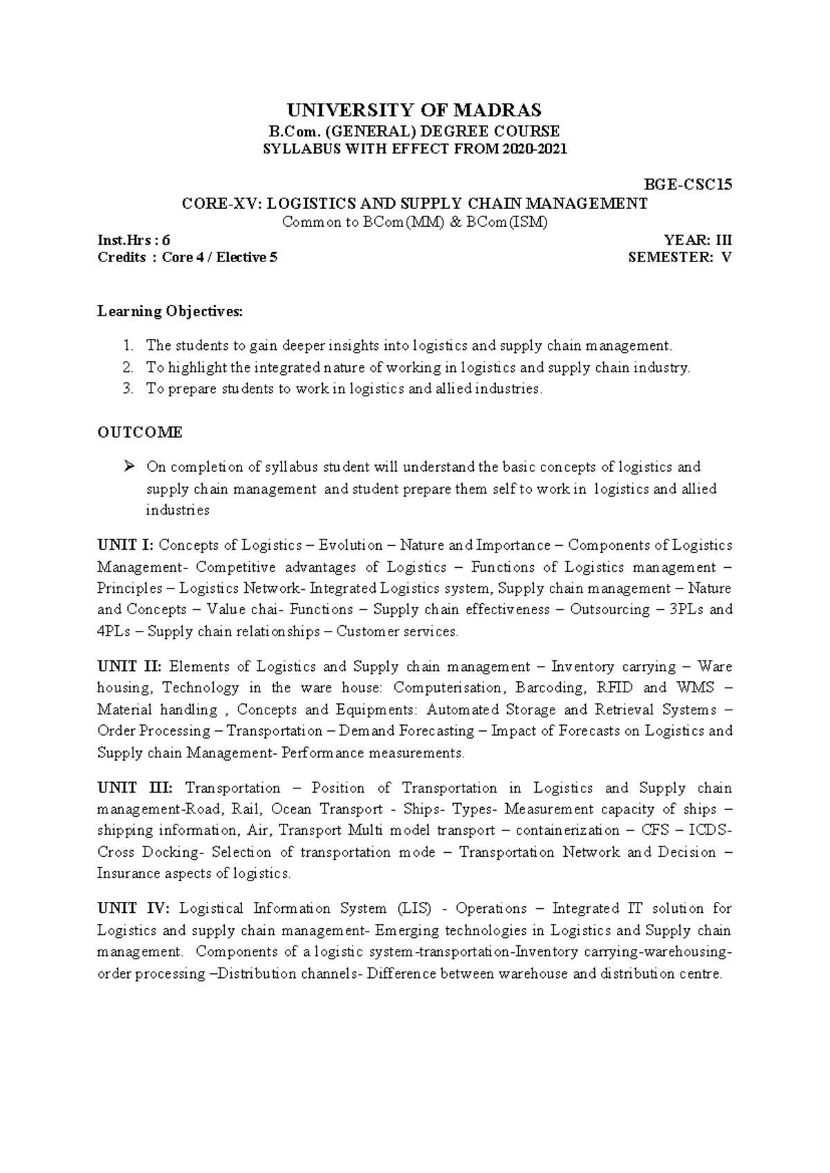 Logistics and Supply Chain Management Syllabus BGE-CSC15 - Studocu