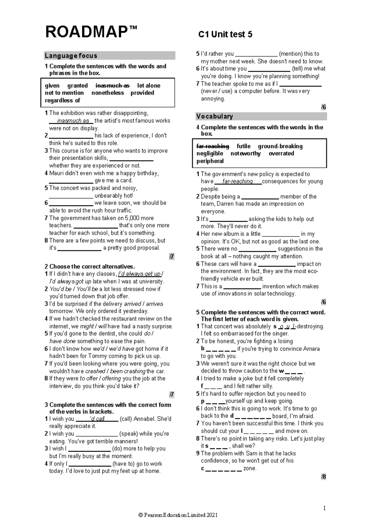 C1 Unit Test 5 Review - Language Focus and Vocabulary Exercises - Studocu