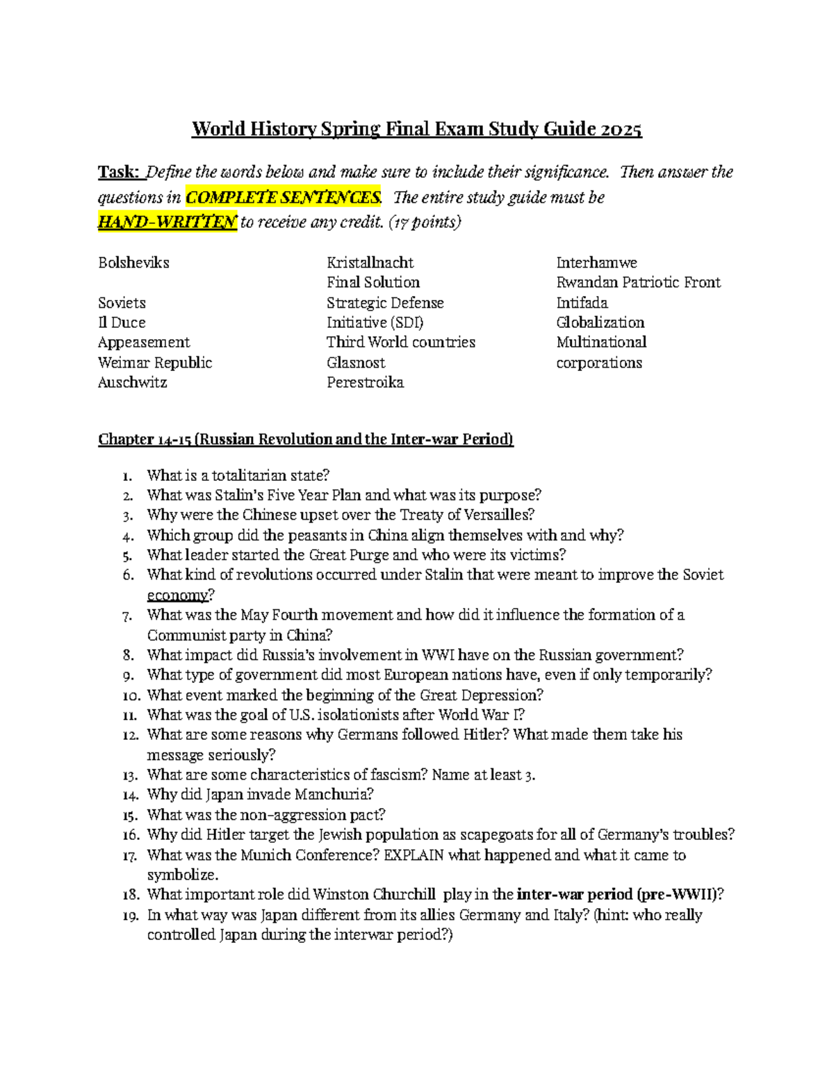 World History Spring 2025 Final Exam Study Guide: Key Terms & Concepts ...
