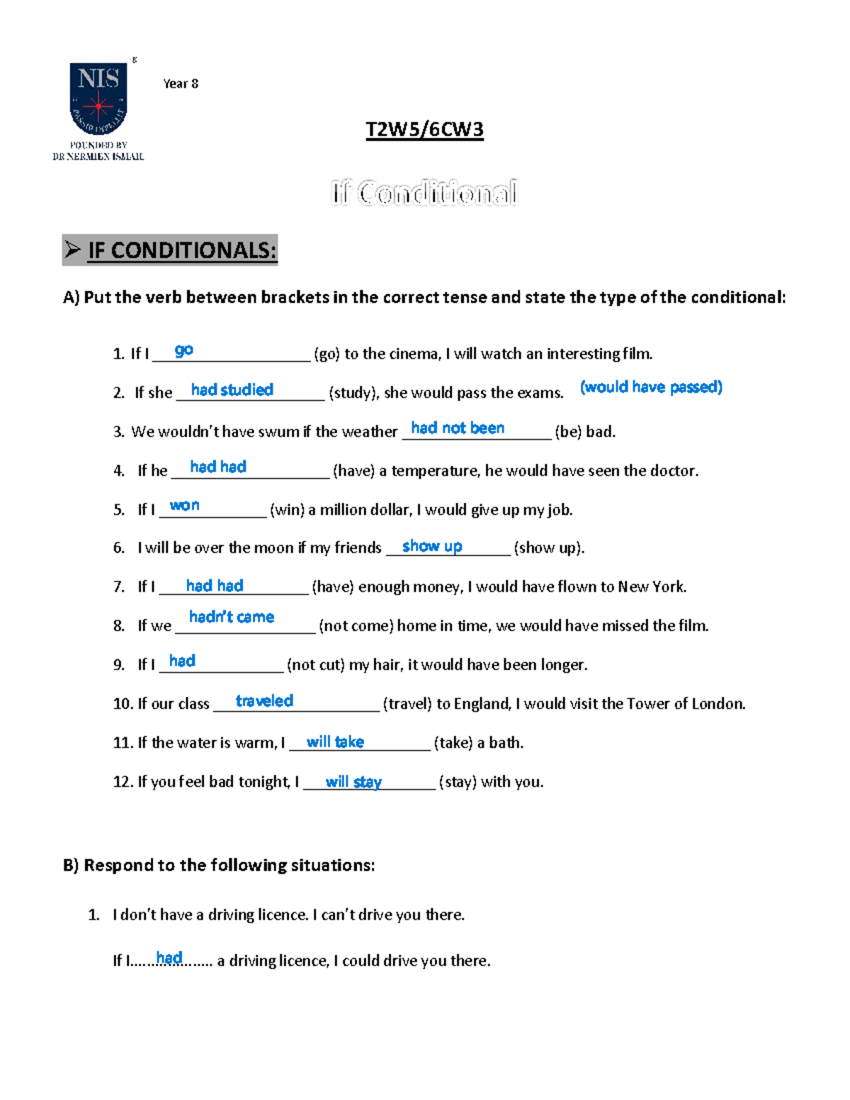 Year 8 IF Conditionals: Exercises on Tenses and Types - Studocu