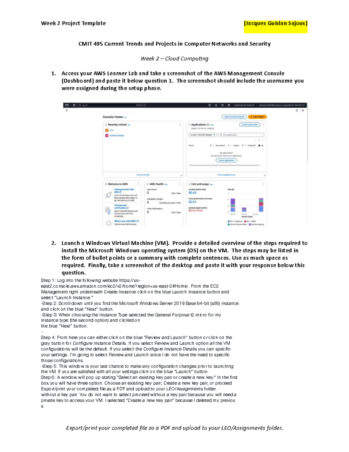 CMIT 495 Project 2 Final: AWS Cloud Computing & VM Setup Guide - Studocu