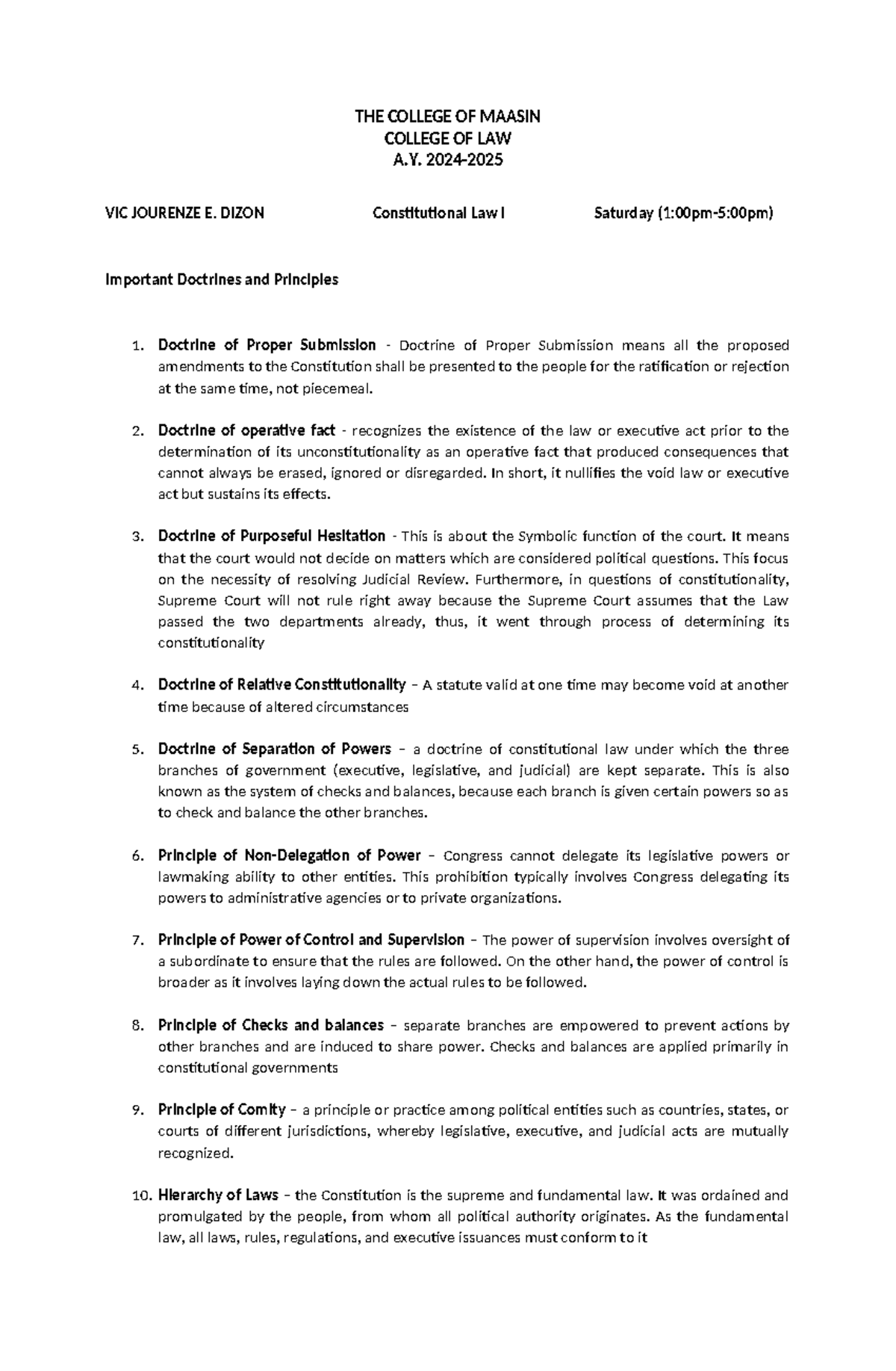 Constitutional Law I (2024) Essential Doctrines and Principles Overview ...