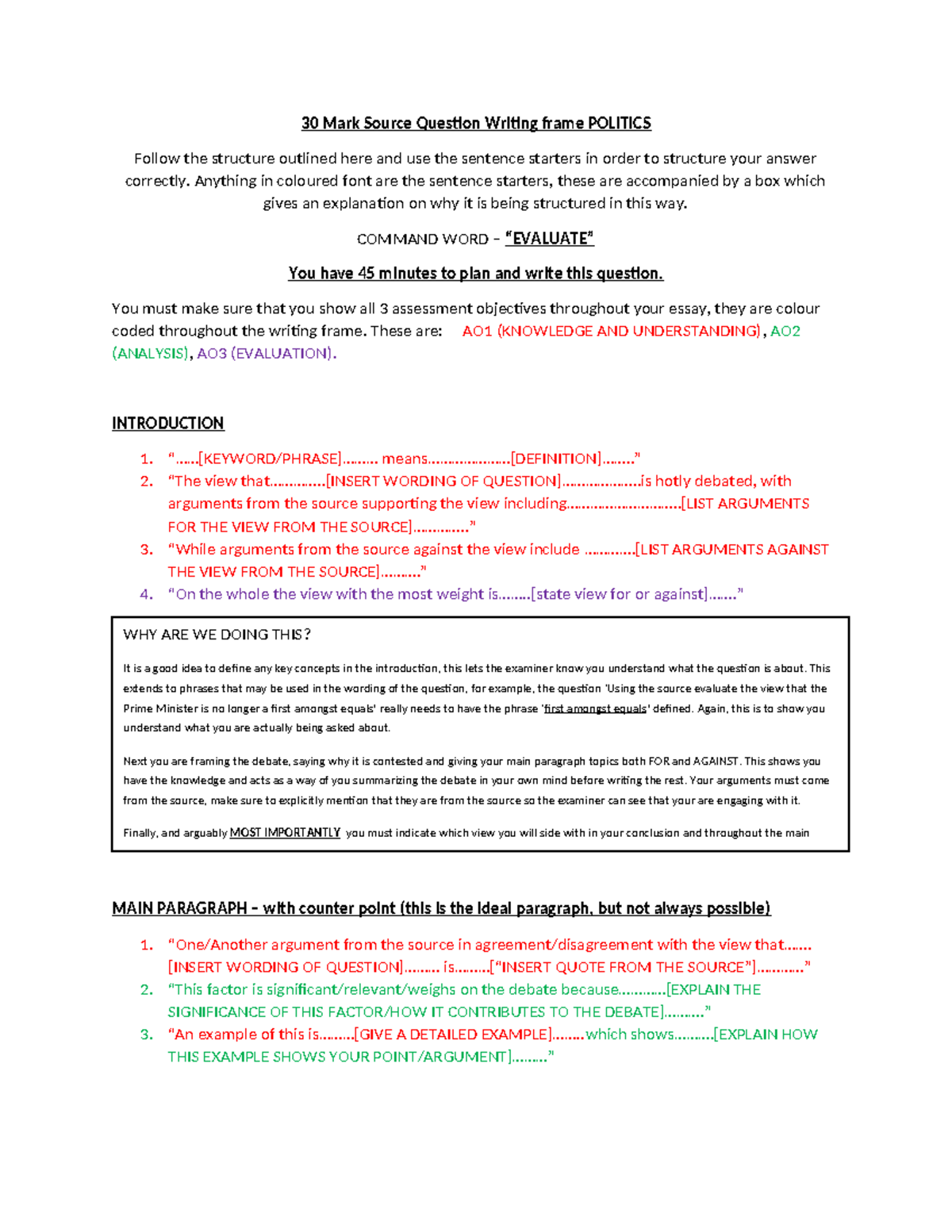 30 Mark Source Question Writing Frame POLITICS: Structuring Your Essay ...