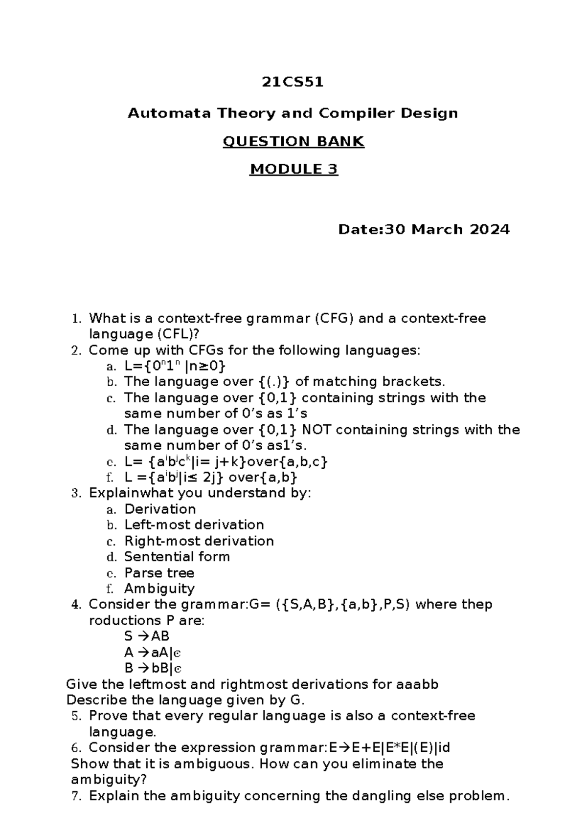 21CS51 QB MOD 3 - Practice Questions on Automata Theory & CFLs - Studocu