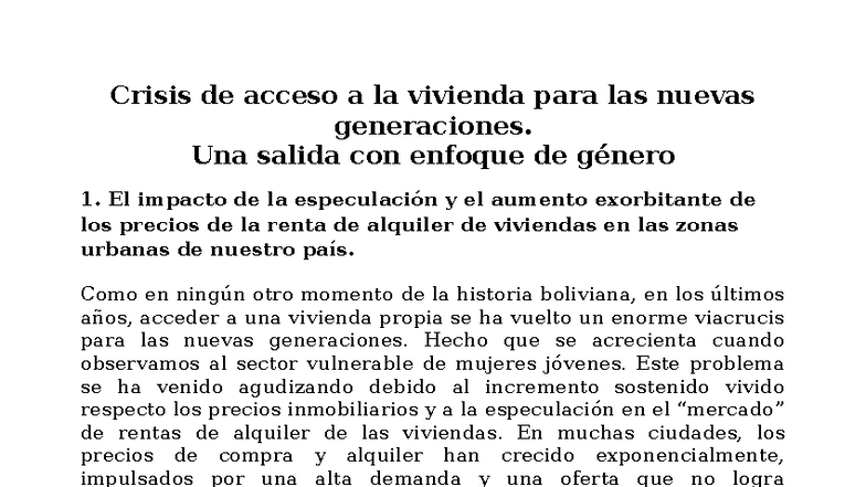 Crisis Habitacional y Acceso a Vivienda para Nuevas Generaciones - Studocu