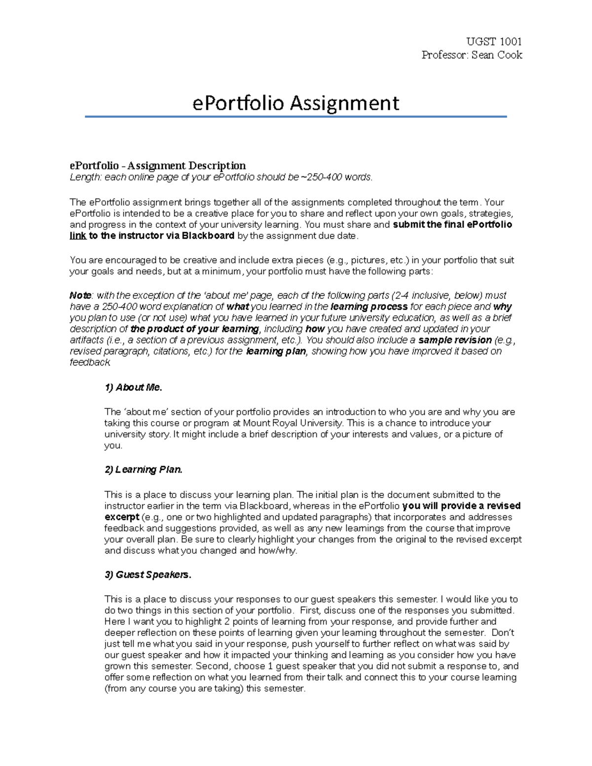 UGST 1001 ePortfolio Assignment Instructions and Guidelines - Studocu