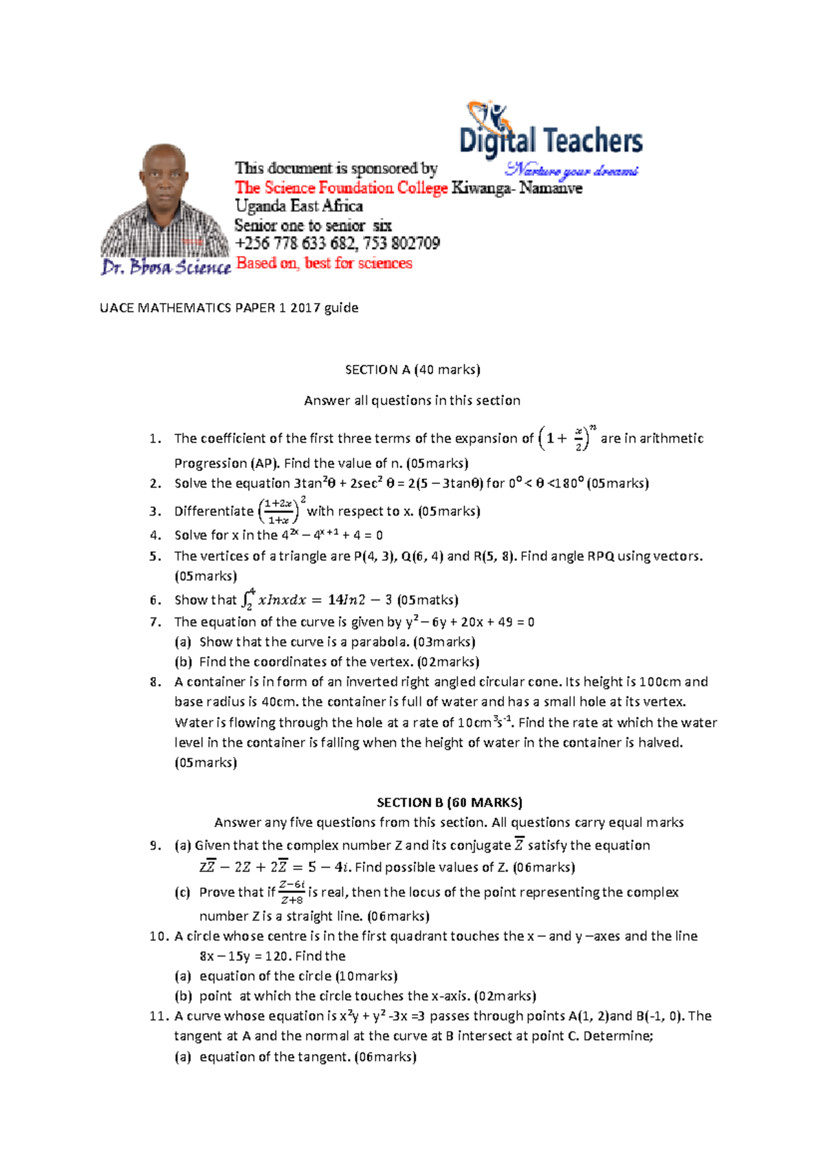 UACE Mathematics Paper 1 2017 Marking Guide and Solutions - Studocu