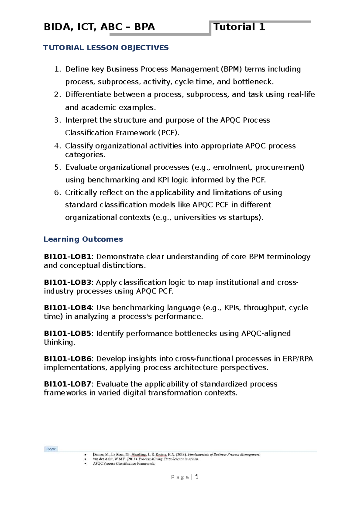 BIDA, ICT, ABC BPA Tutorial 1: Business Process Management Insights ...