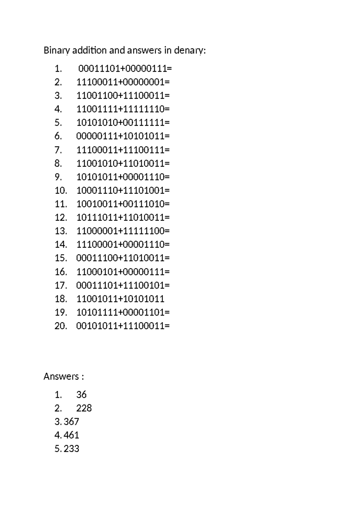 Binary answers to denary ( addition) - Binary addition and answers in ...
