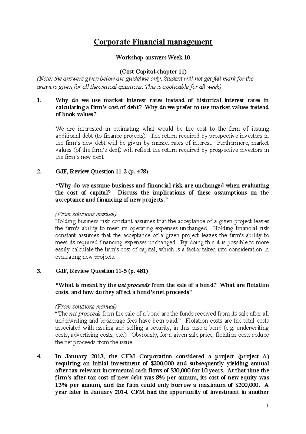 Answers for Workshop 10: Cost of Capital Analysis and Solutions - Studocu