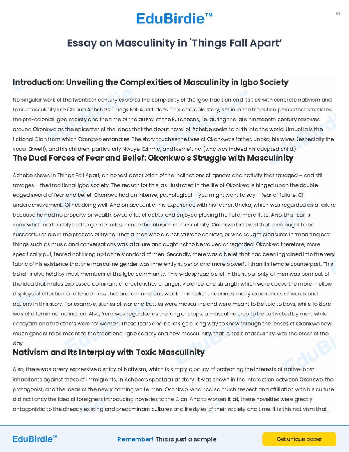Essay on Toxic Masculinity and Nativism in TFA (ENG 101) - Studocu