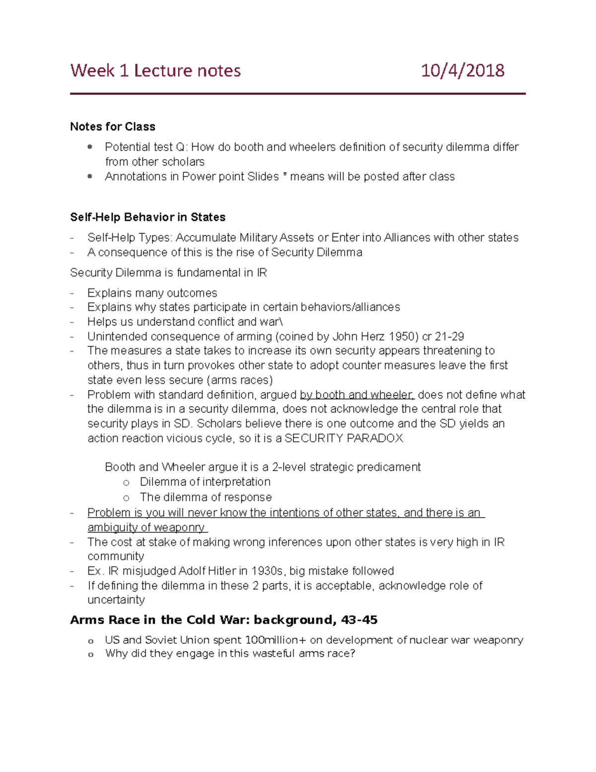 Week 1 Lecture notes 1+2 - Week 1 Lecture notes 10/4/ Notes for Class ...