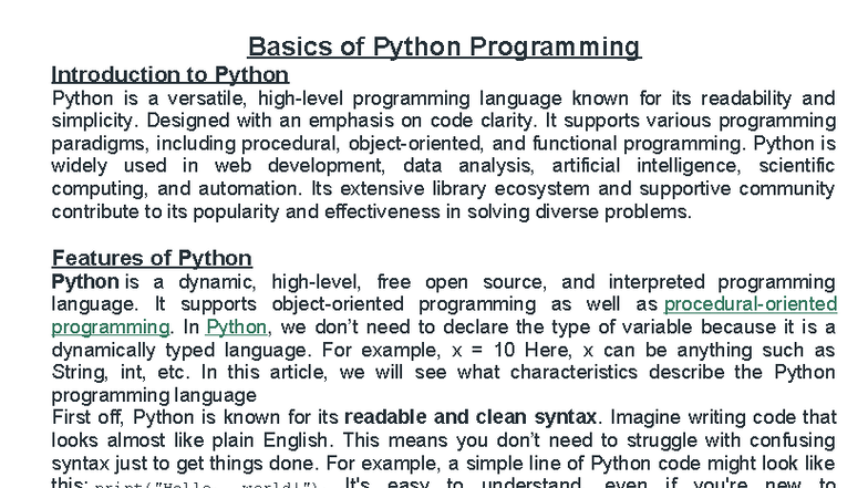 Basics of Python Programming: Key Features and Concepts - Studocu