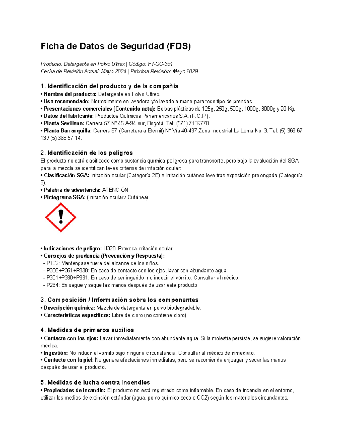 FDS Detergente en Polvo Ultrex - Seguridad y Manejo - AHSDL - Document Preview