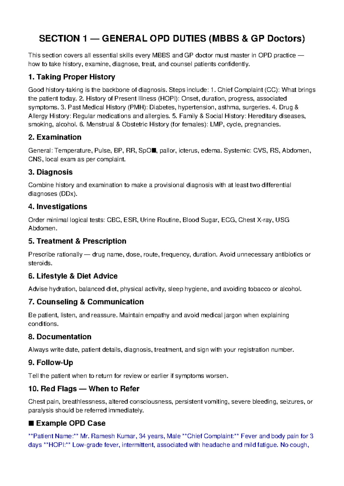 Section 1: Essential OPD Duties for MBBS GP Doctors - Studocu