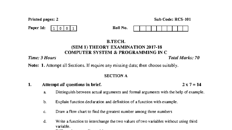 Computer System Programming IN C RCS 101 - Printed pages: 2 Sub Code ...