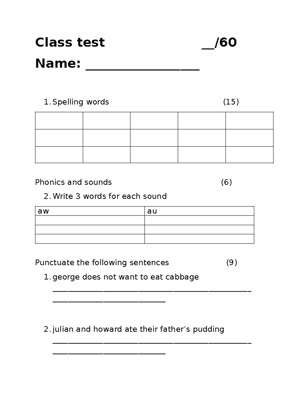 Grade 3 Class Test: Spelling, Phonics, and Story Questions - Studocu