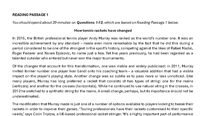 Cambridge 19 Reading Test 1: How Tennis Rackets Have Evolved - Studocu
