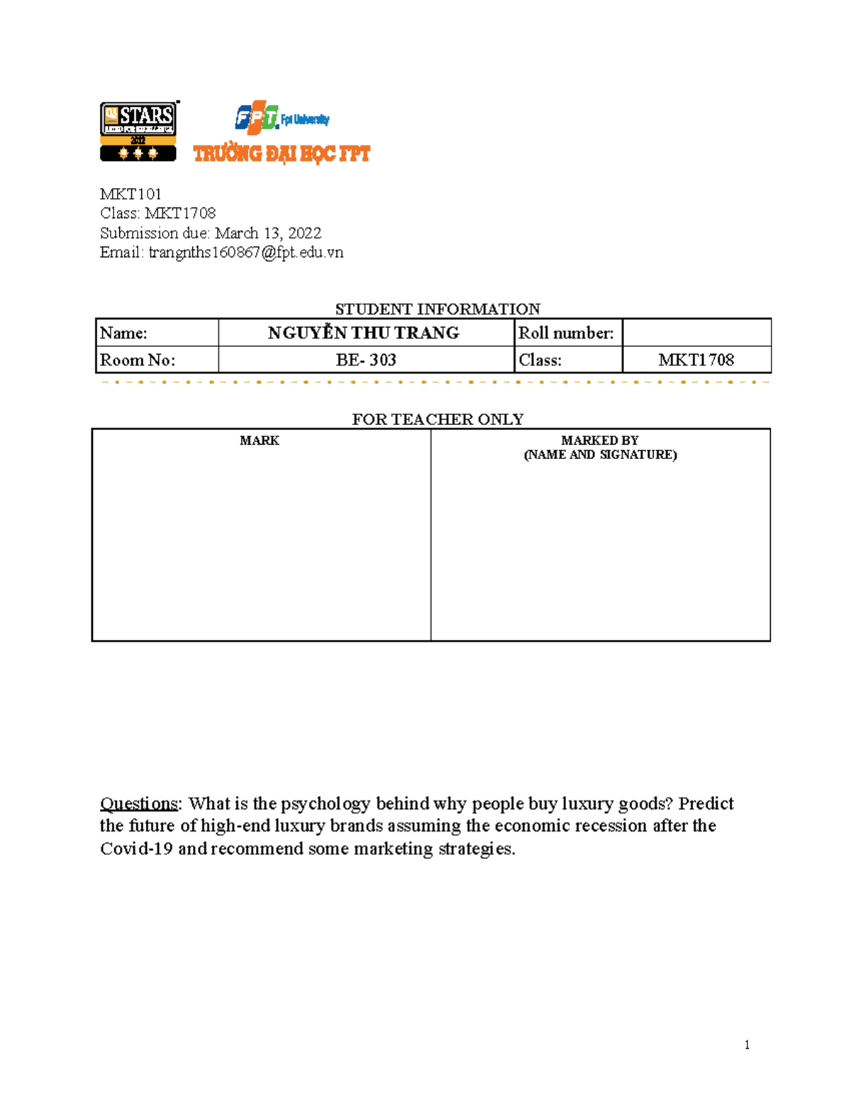MGT103 Individual Assignment Cover page - MKT Class: MKT Submission due ...
