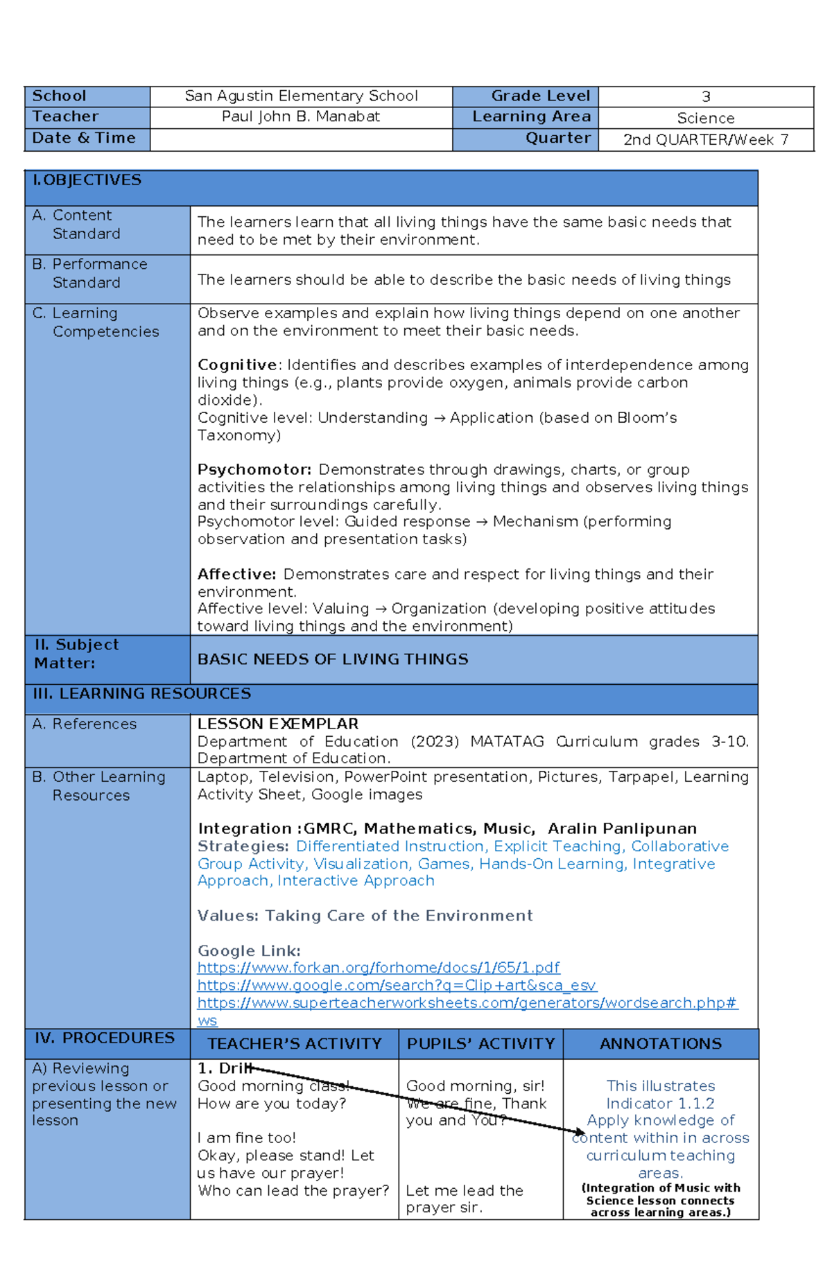 Final Lesson Plan for DEMO - COT: Basic Needs of Living Things - Studocu