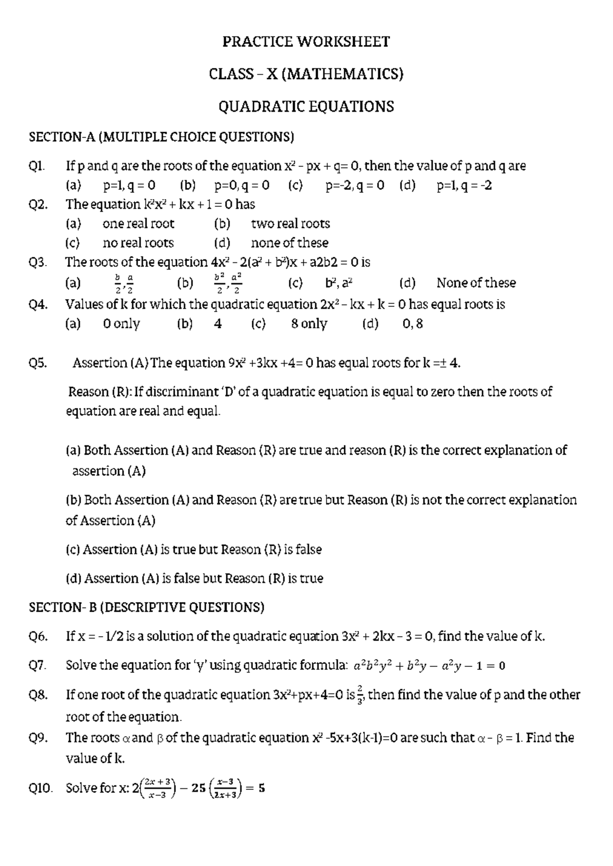 1726471640166 Xquadratic Equations - maths sample paper - 𝑏 2 , 𝑎 2 𝑏 2 ...