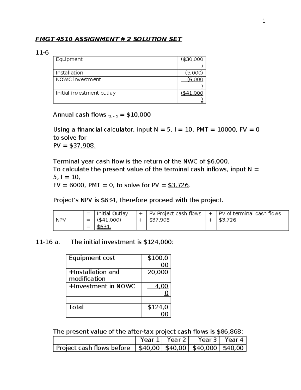 FMGT 4510 Assignment 2 Solution Set: NPV & Cash Flow Analysis - Studocu