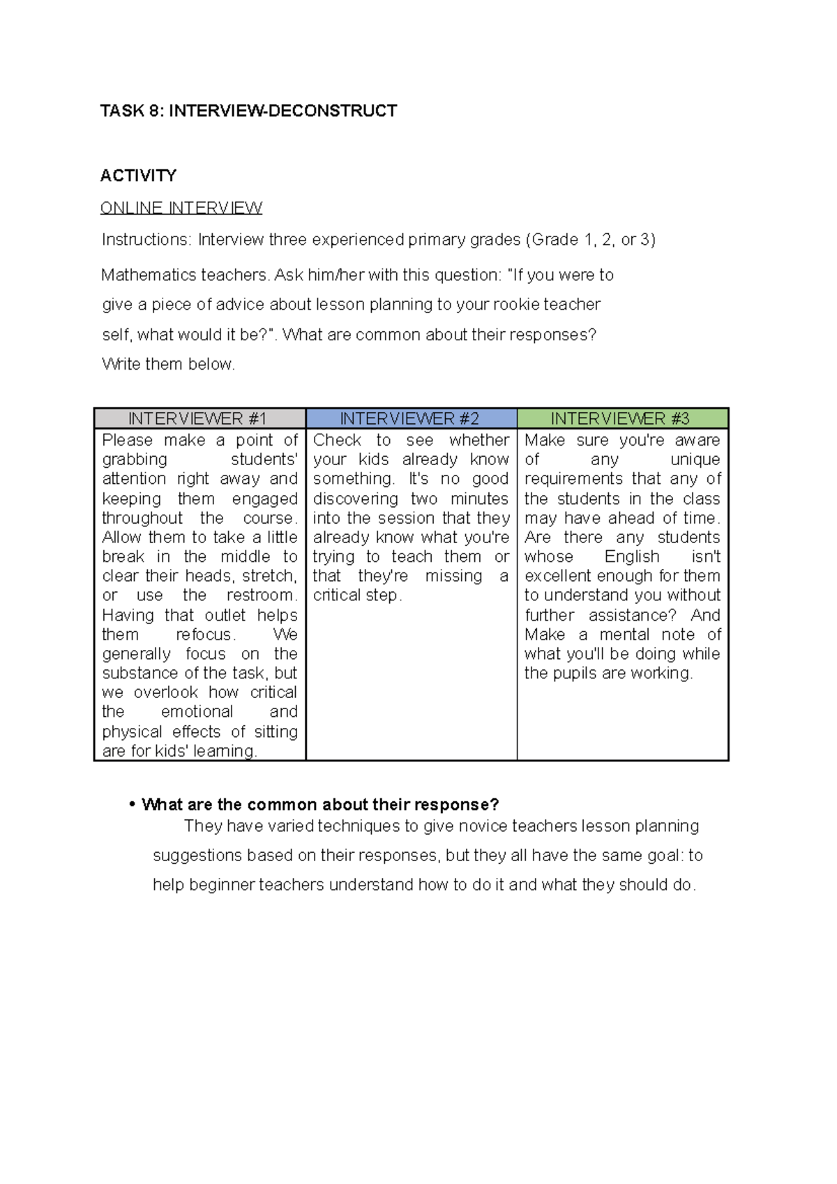 TASK 8: Interview Deconstruct for Grade 1-3 Math Teachers Insights ...