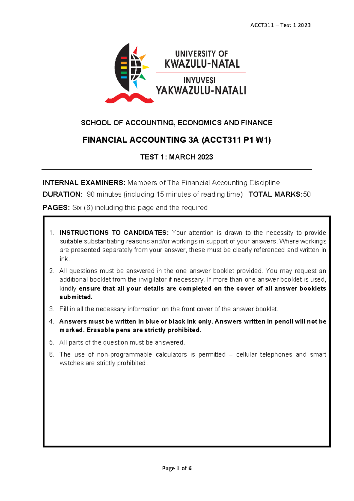 ACCT311 Test 1 2023: Financial Accounting Questions and Requirements ...