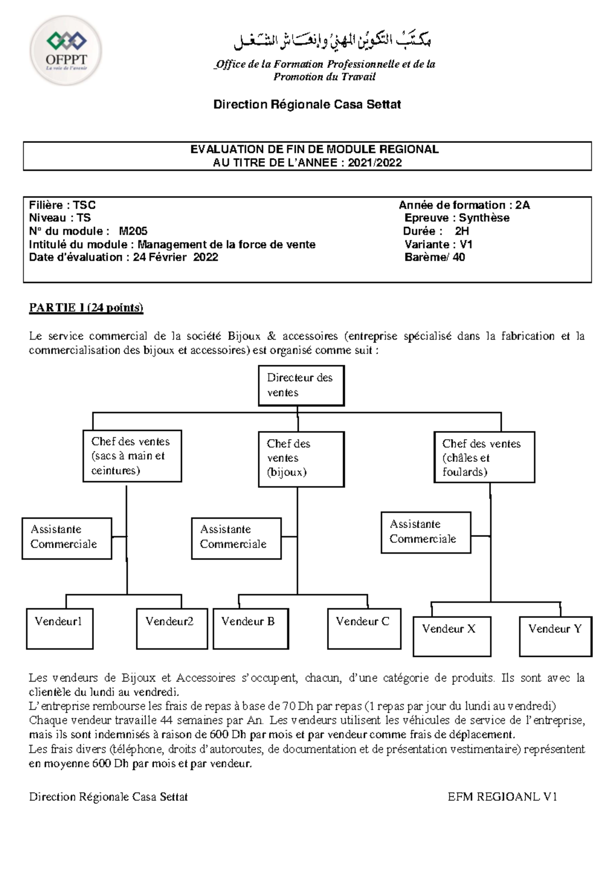 Évaluation de Fin de Module M205 : Management de la Force de Vente ...