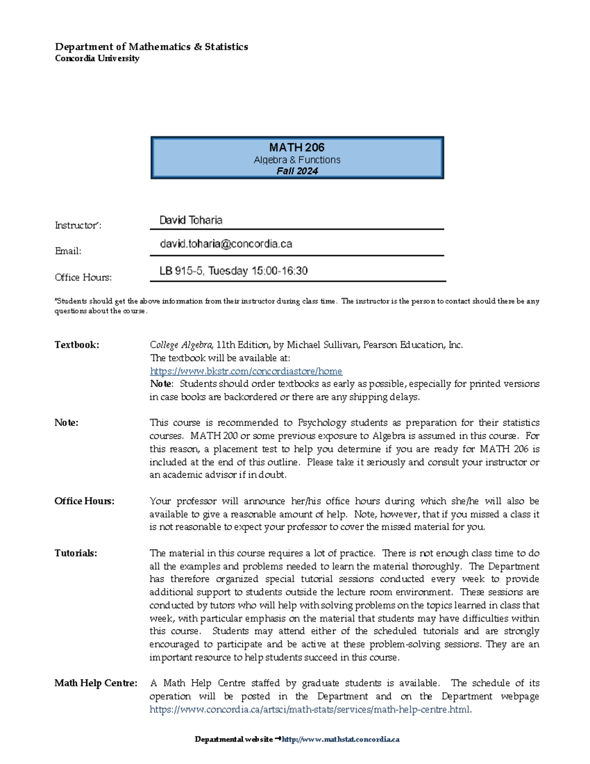 MATH 206 Fall 2024 - Course Outline and Self-Test Guide - Studocu