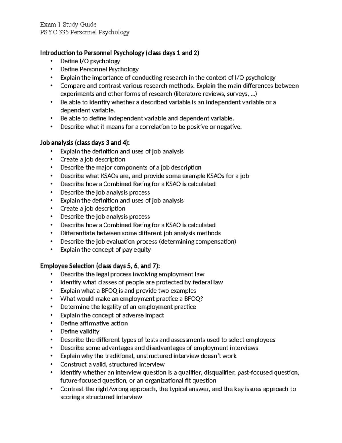 PSYC 335 Exam 1 Study Guide: Key Concepts in Personnel Psychology - Studocu
