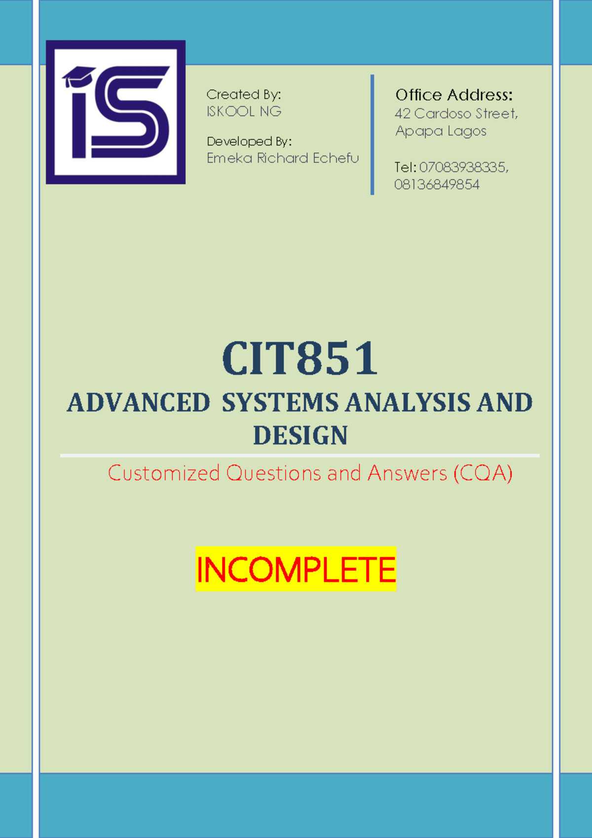 CIT 851 Advanced System Analysis and Design CQA - Comprehensive Q&A ...