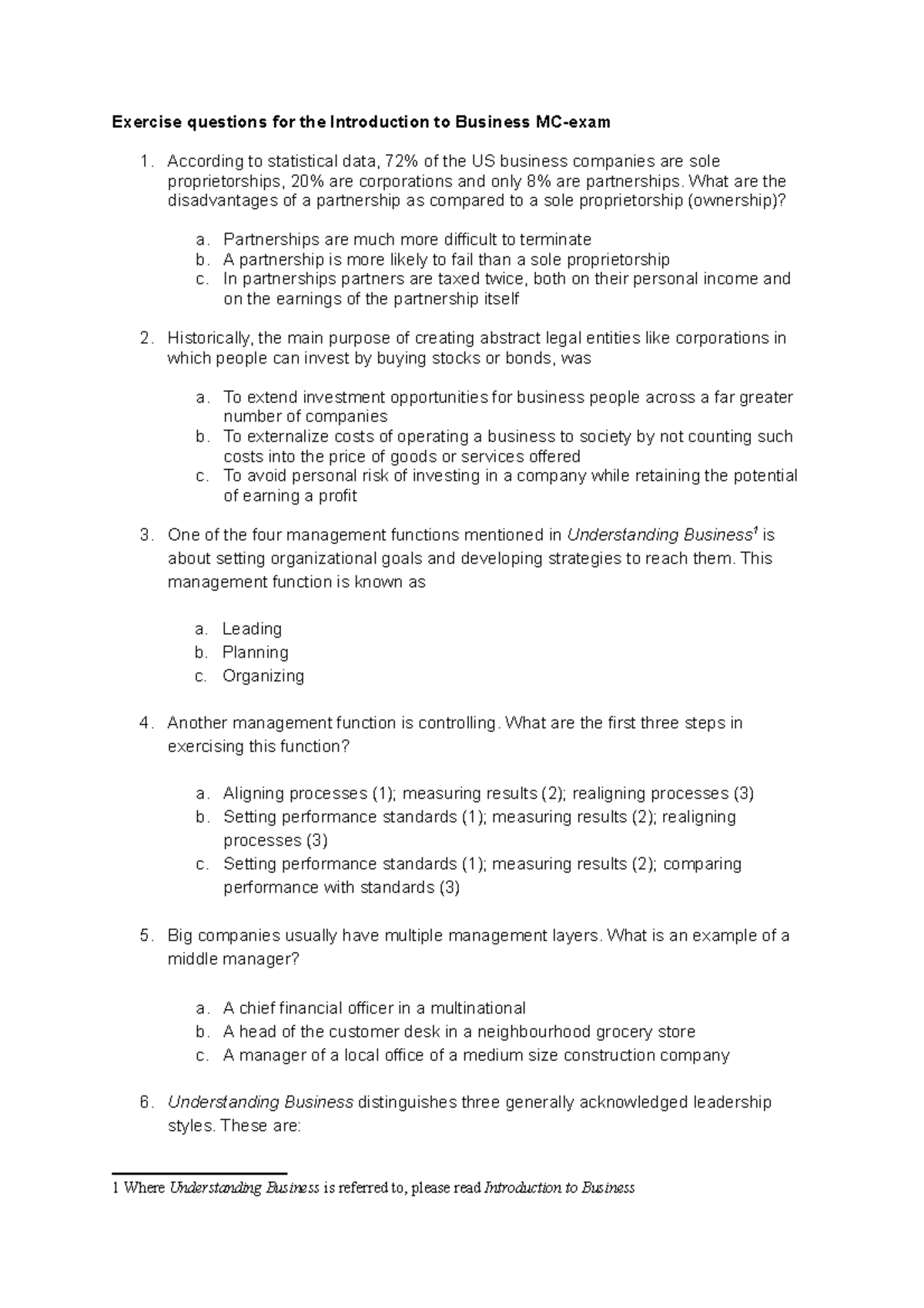 Introduction to Business MC Exam: Exercise Questions and Answers ...