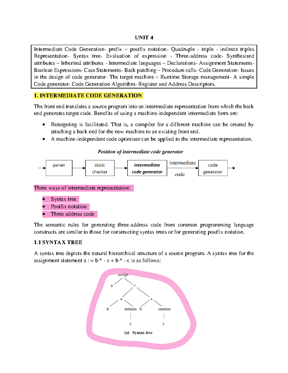 UNIT 4 Lecture Notes: Intermediate Code Generation and Syntax Analysis ...