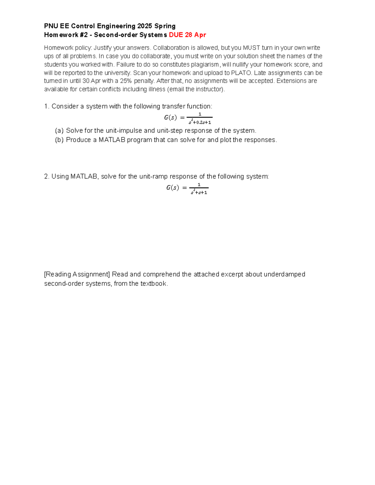 PNU EE Control Engineering HW2 - Spring 2025 Assignment - Studocu