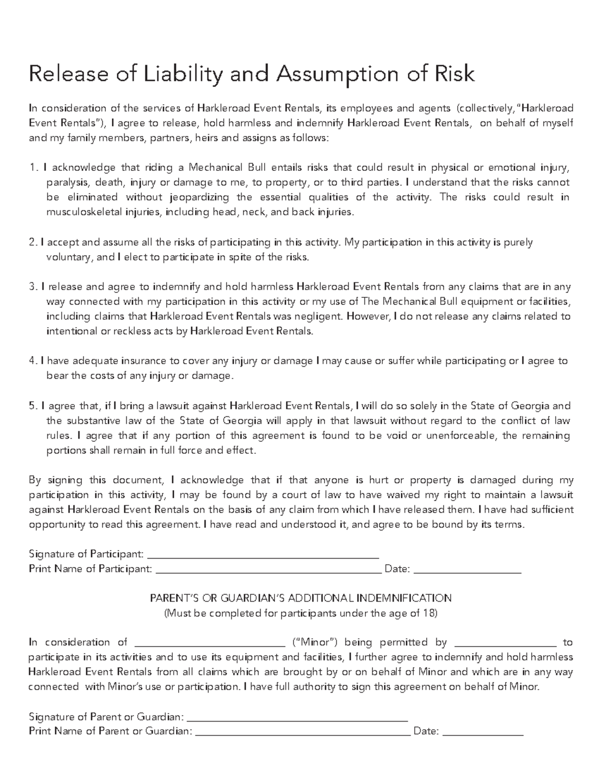Bull Waiver Release of Liability for Mechanical Bull Activities - Studocu