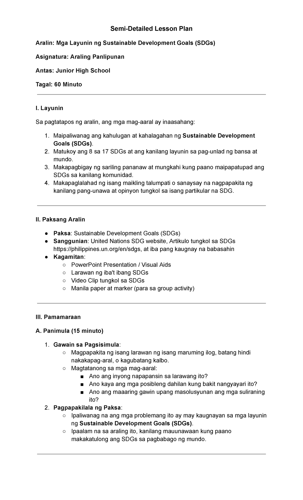Lesson Plan: Sustainable Development Goals (SDGs) for Junior High ...