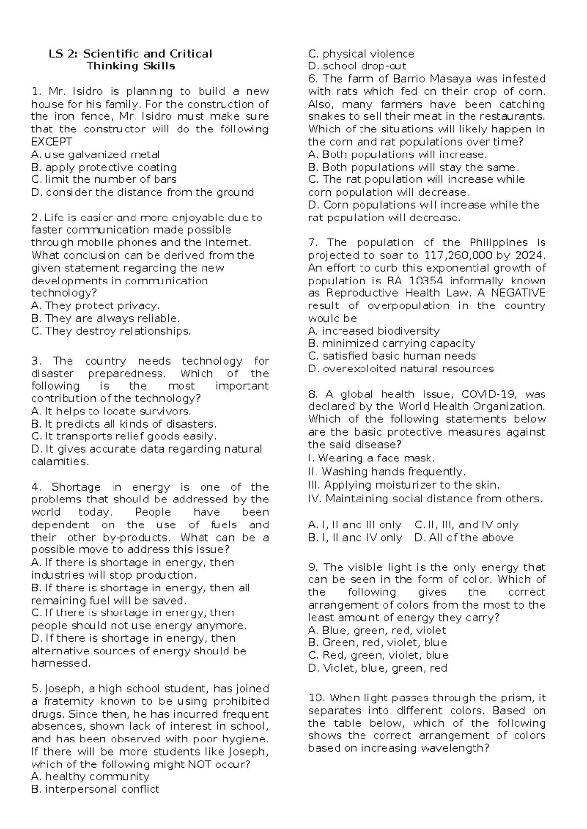 LS 2: Science Review on Critical Thinking and Problem Solving - Studocu