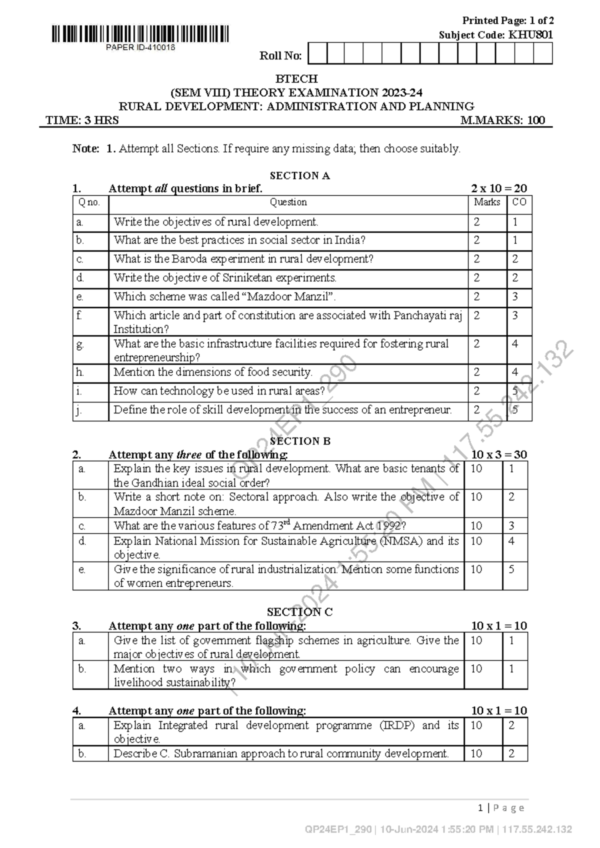 RD 2023-24 - PYQ BTECH SEM VIII RURAL DEV ADMIN & PLANNING EXAM - Studocu