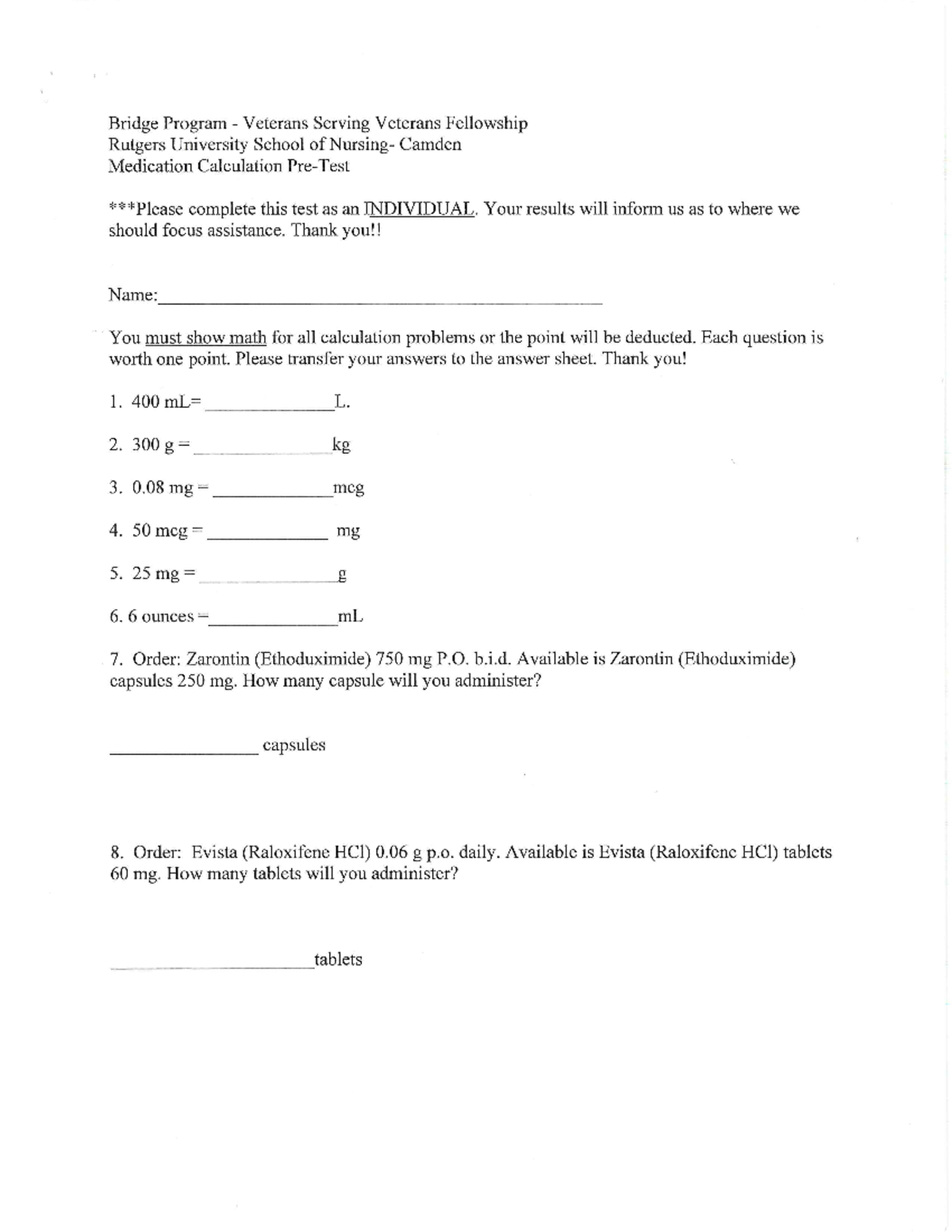 Med Math Assessment: Medication Calculation Test for Bridge Program ...